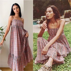 THE GREAT 70s Square Neck Sleeveless Plaid Empire Waist Ruffle Hem Midi Dress M